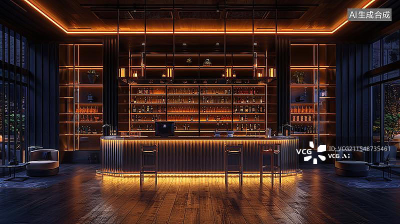 【AI数字艺术】现代风格酒吧夜景  霓虹灯下的精致酒吧图片素材