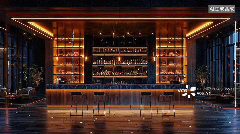 【AI数字艺术】现代风格酒吧夜景  霓虹灯下的精致酒吧图片素材