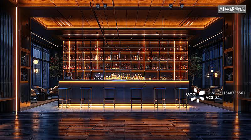 【AI数字艺术】现代风格酒吧夜景  霓虹灯下的精致酒吧图片素材