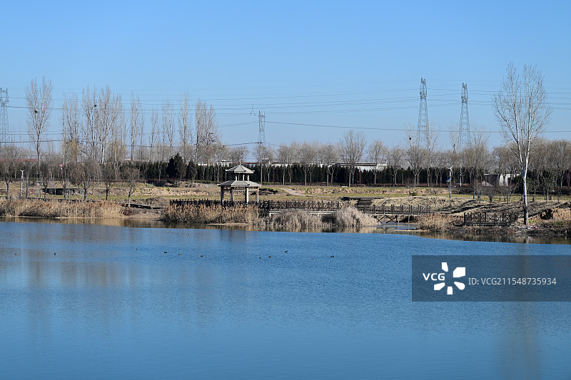 冬日汤河边上的树枝和亭子，河南安阳汤阴，2025年1月图片素材