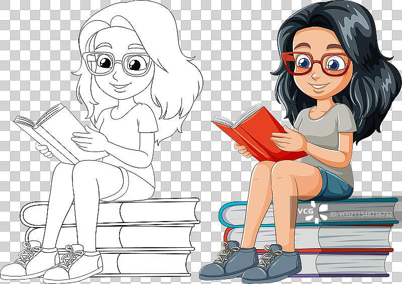 女孩坐在书堆上阅读，色彩斑斓图片素材