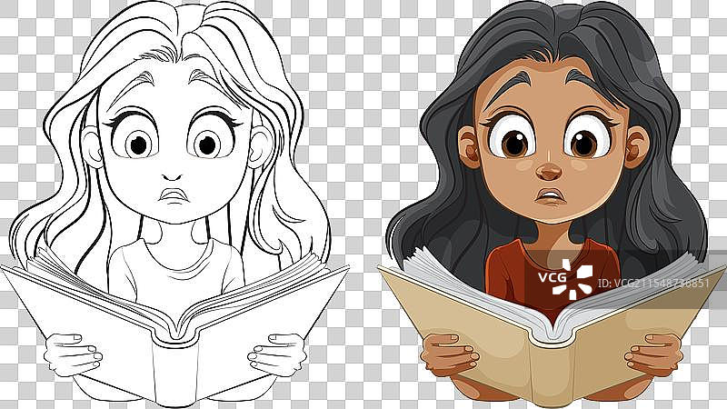 两个女孩专注于阅读打开的书籍图片素材