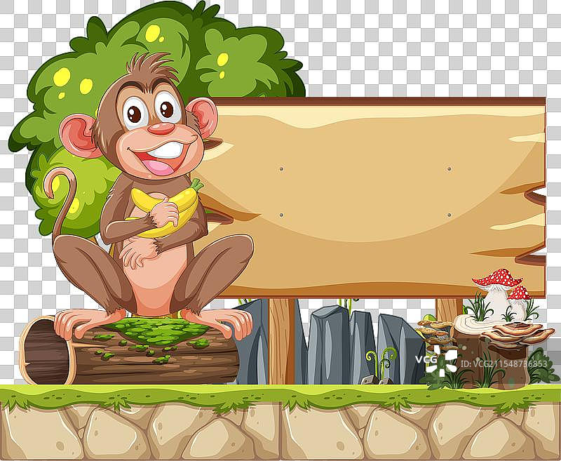 快乐的猴子举着一个大的空木牌图片素材