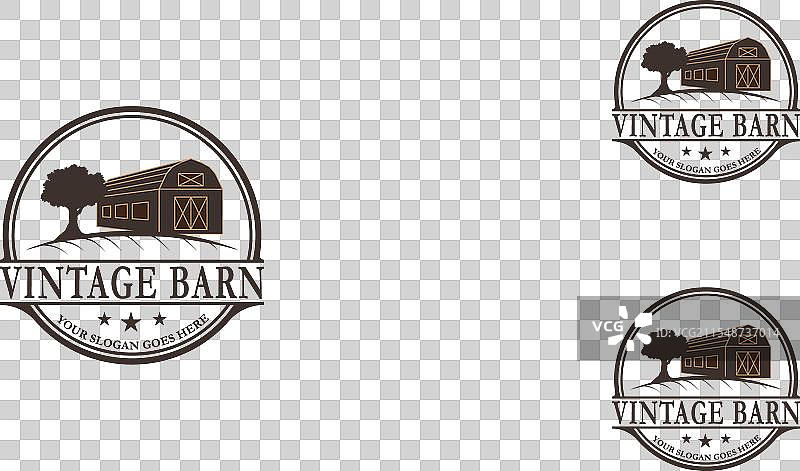 复古邮票，棕色木质谷仓与橡树标志图片素材