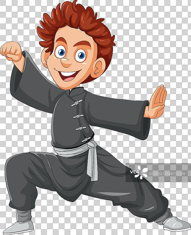 微笑的卡通男孩摆出武术姿势图片素材