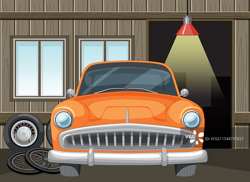 经典橙色汽车停在木质车库内图片素材