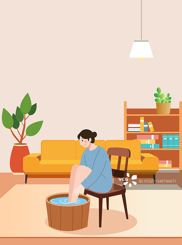 年轻女子足浴身体排毒养生泡脚人物室内场景矢量插画图片素材