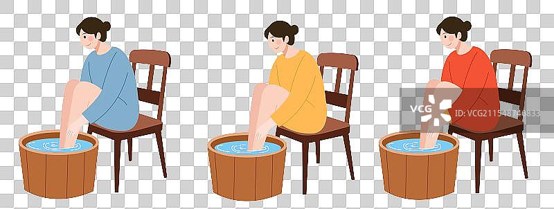 年轻女子足浴身体排毒养生泡脚矢量插画免扣元素图片素材