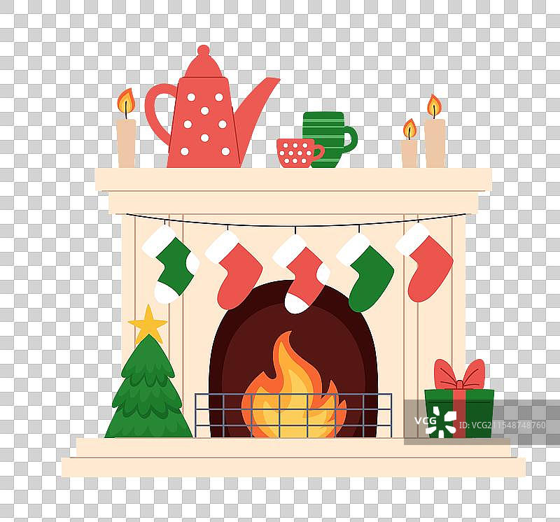 燃烧的砖砌壁炉与圣诞装饰图片素材