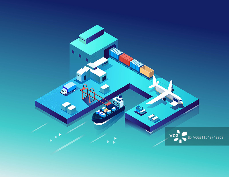 插画手绘扁平矢量颗粒插画风2.5d港口飞机货船火车货物水蓝色图片素材