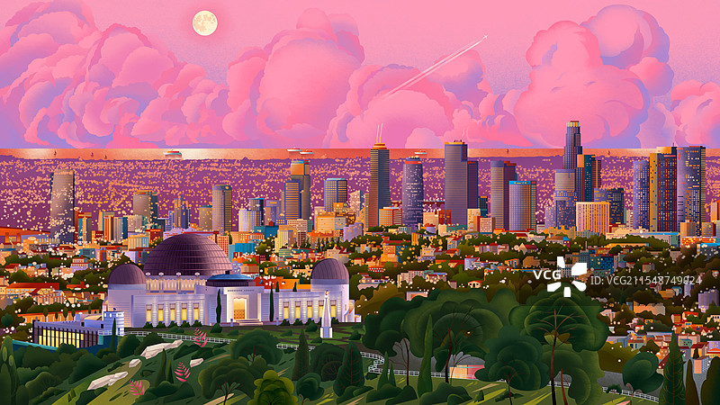 插画手绘扁平矢量颗粒插画风粉色天空港口城市热闹建筑树木森林天文台大都市时尚日景图片素材