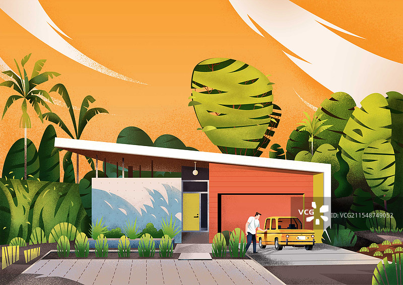 插画手绘扁平矢量颗粒插画风日景车库建筑房屋人物汽车树木黄昏白云图片素材