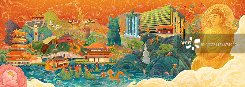 插画手绘国潮风颗粒效果游园大佛佛像清明上河图经典花朵牡丹文物水金色船景点文物建筑图片素材