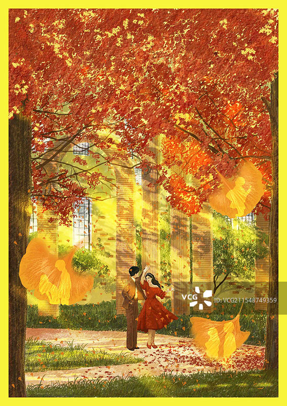 插画手绘油画肌理风黄昏枫树情侣校园道路枫叶暖色调会议图片素材