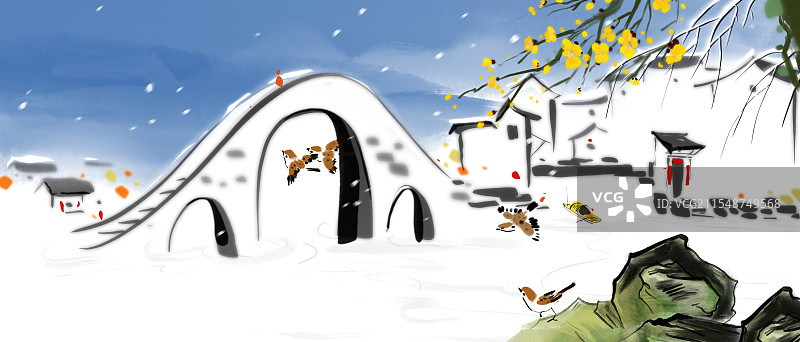 腊梅，江南水乡，桥，小雪，冬季图片素材