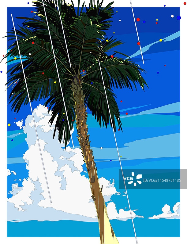 插画手绘扁平颗粒风日式棕榈树蓝天白云彩带庆祝夏天午后图片素材