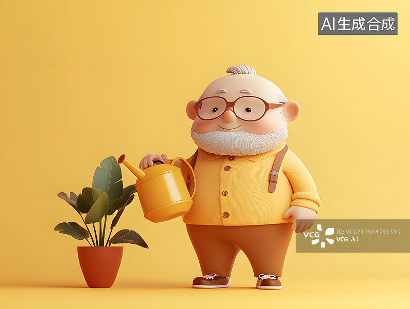 【AI数字艺术】一名老年男人老爷爷在浇花卡通插画，退休养老休闲园艺图片素材