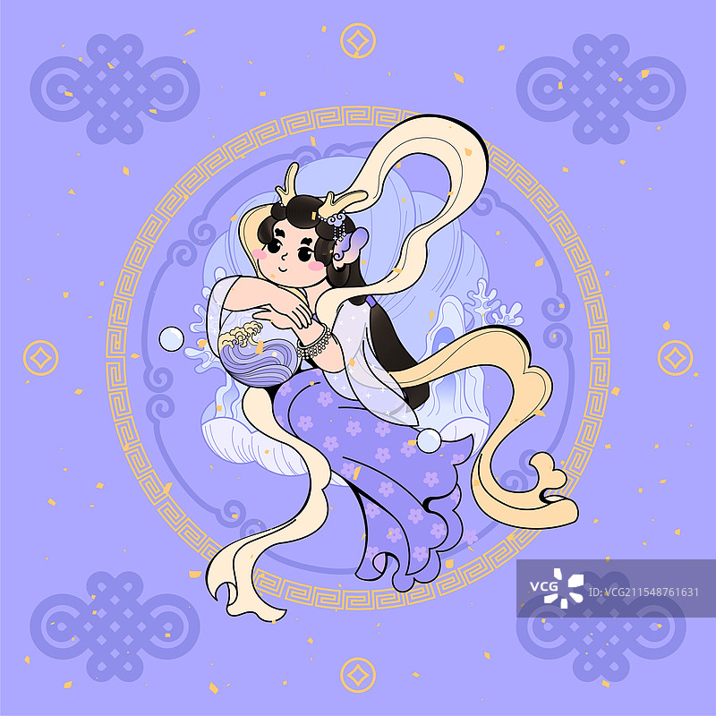 十二生肖小神仙小龙女龙贝壳龙年国潮插画图片素材