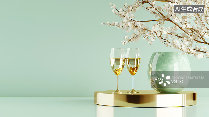 【AI数字艺术】装饰边框背景3D新中式插图玉器一对高脚杯金属花枝植物留白高级感高雅轻奢时尚金绿色清新节日庆祝居右背景图片素材