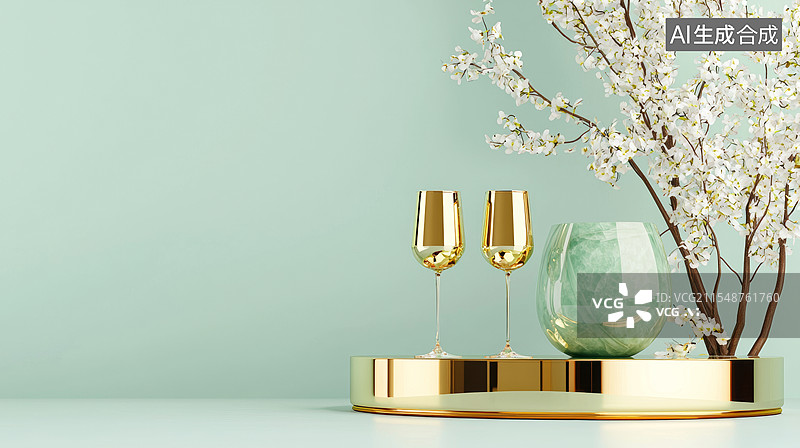 【AI数字艺术】装饰边框背景3D新中式插图玉器一对高脚杯金属花枝植物留白高级感高雅轻奢时尚金绿色清新节日庆祝居右背景图片素材