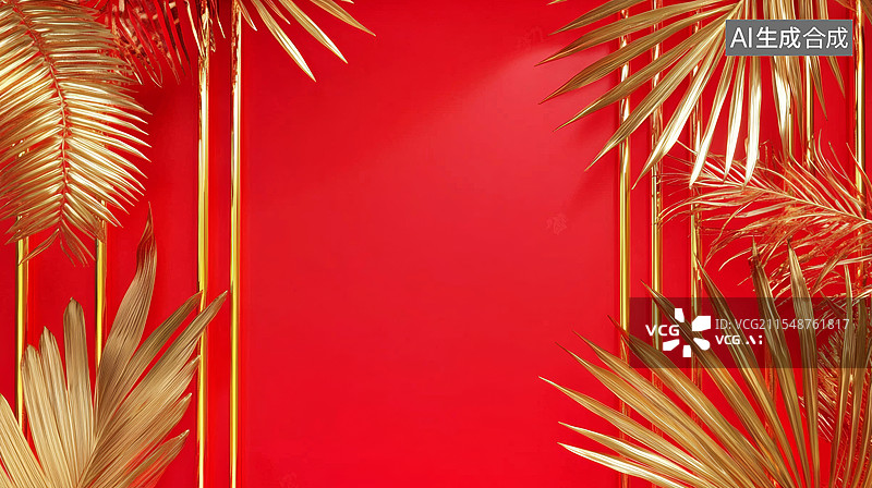 【AI数字艺术】装饰边框背景3D新中式国风插图散尾葵树叶金属植物静物高级感喜庆大气时尚金色红色金融商务大气两侧背景图片素材