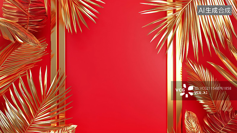 【AI数字艺术】装饰边框背景3D新中式国风插图散尾葵树叶金属植物静物高级感喜庆大气时尚金色红色金融商务大气两侧背景图片素材
