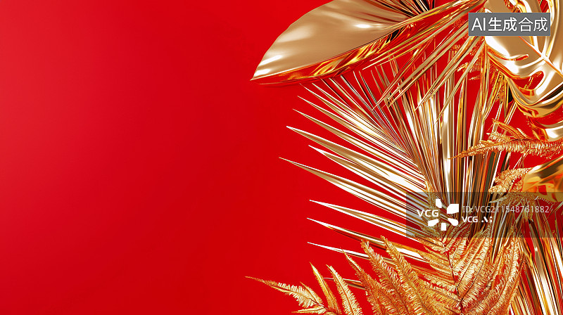 【AI数字艺术】装饰边框背景3D新中式国风插图散尾葵树叶金属雕刻植物静物高级感喜庆大气时尚金色红色金融商务居右背景图片素材