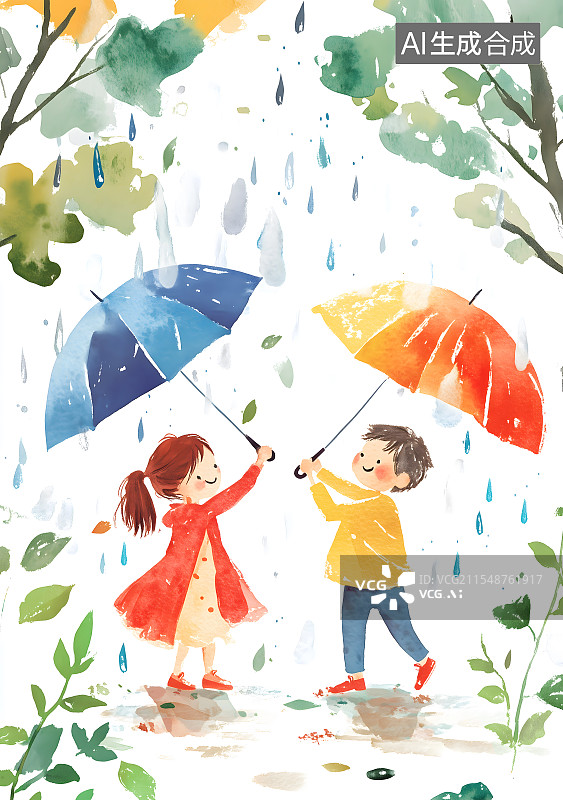 【AI数字艺术】男孩女孩雨天举着雨伞图片素材