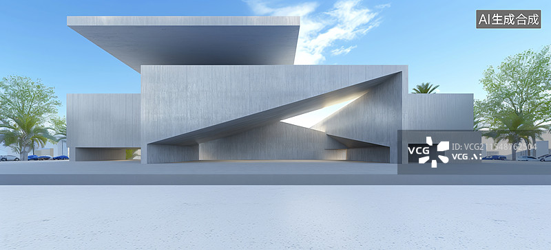 【AI数字艺术】现代极简风格别墅，汽车广告背景图图片素材