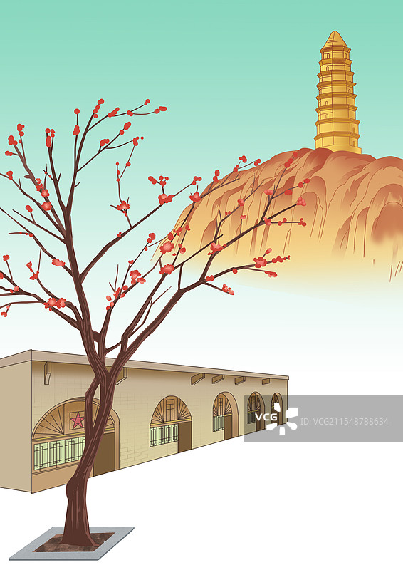 中国风新中式古风古典传统文化陕西陕北黄土高原窑洞延安宝塔风景名胜资讯插画图片素材