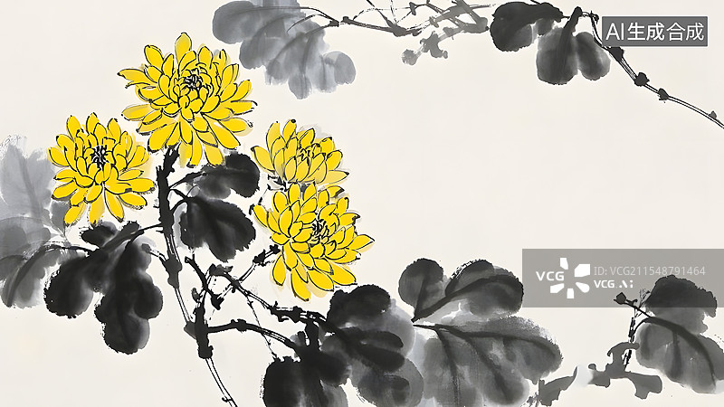 【AI数字艺术】装饰边框背景国风水墨淡彩黄色菊花图片素材