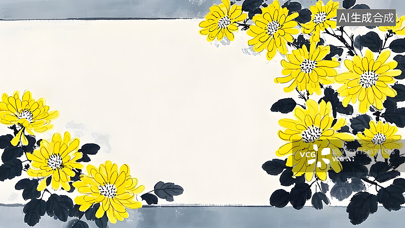 【AI数字艺术】装饰边框背景国风水墨淡彩黄色菊花图片素材