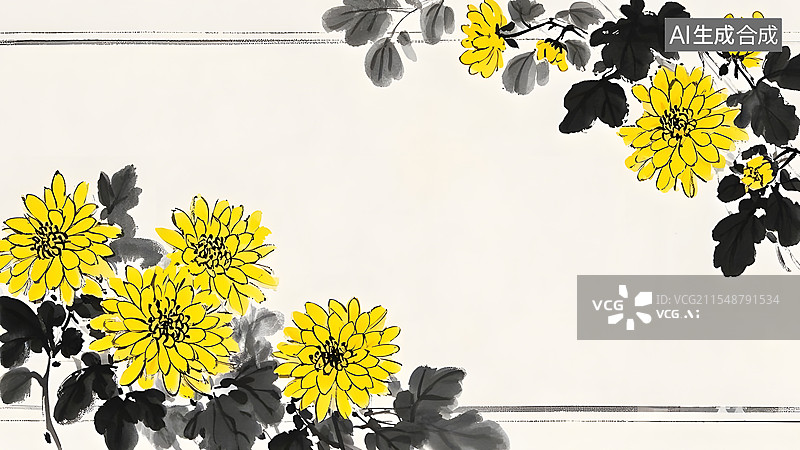 【AI数字艺术】装饰边框背景国风水墨淡彩黄色菊花图片素材