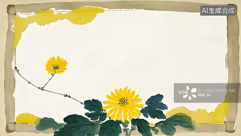 【AI数字艺术】装饰边框背景国风水墨淡彩黄色菊花图片素材