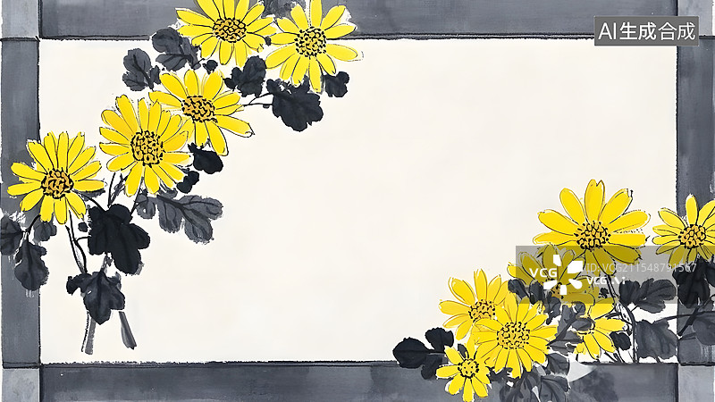 【AI数字艺术】装饰边框背景国风水墨淡彩黄色菊花图片素材
