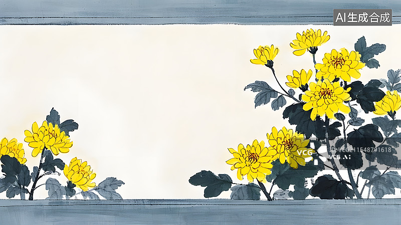 【AI数字艺术】装饰边框背景国风水墨淡彩黄色菊花图片素材