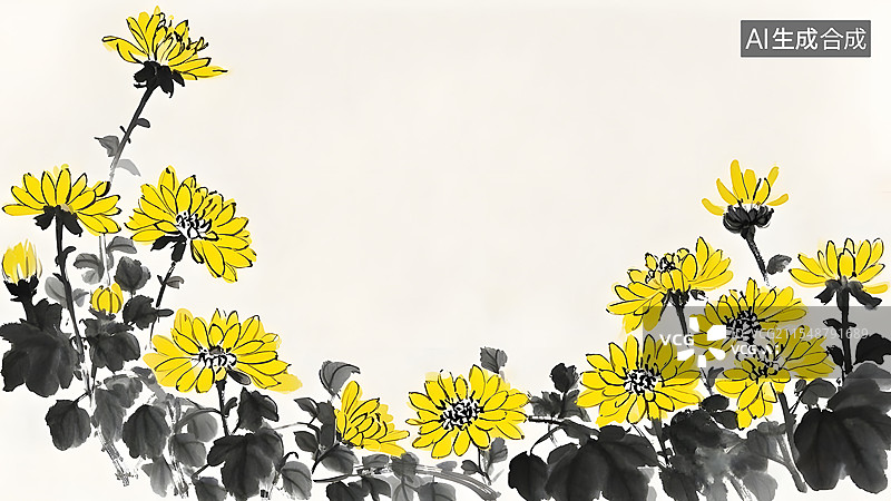 【AI数字艺术】装饰边框背景国风水墨淡彩黄色菊花图片素材
