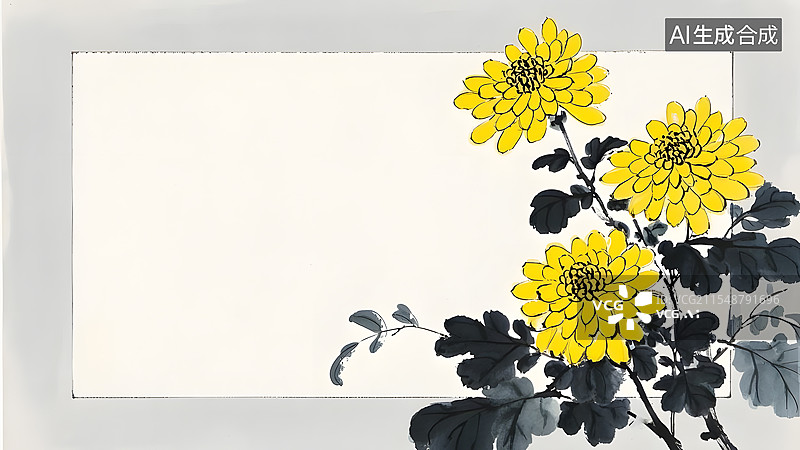 【AI数字艺术】装饰边框背景国风水墨淡彩黄色菊花图片素材