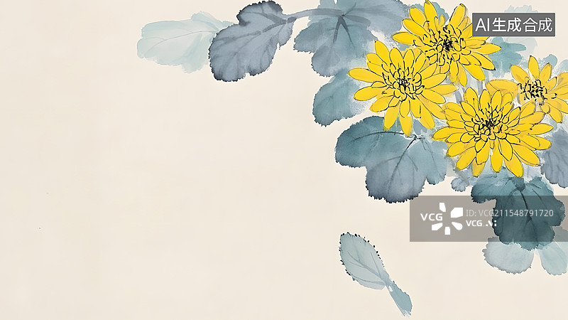 【AI数字艺术】装饰边框背景国风水墨淡彩黄色菊花图片素材