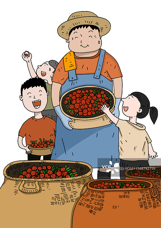 插画：小朋友帮助农民摘荔枝图片素材