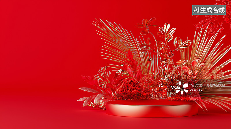 【AI数字艺术】装饰边框背景3D新中式国风插图花草叶子金属植物静物装置高级感喜庆大气时尚金色红色金融商务吉祥居右背景图片素材