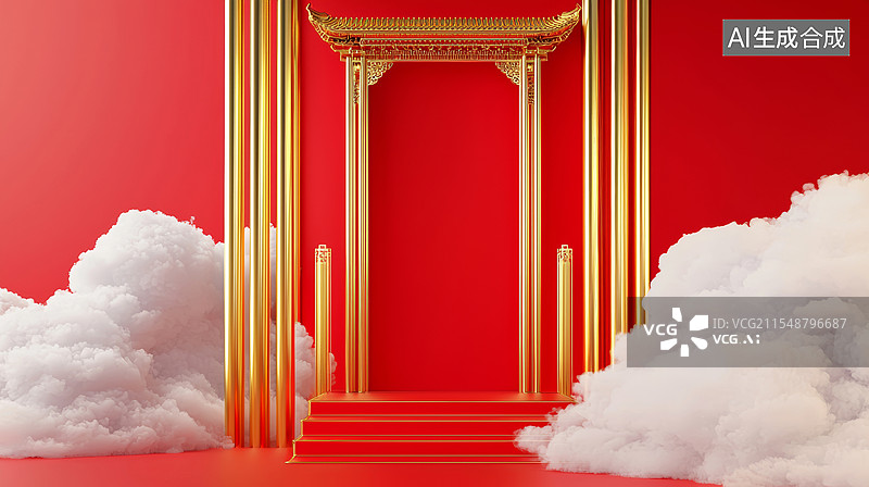 【AI数字艺术】装饰边框背景3D中式插图国潮风金属拱门白云高级感喜庆产品展台节日庆祝大气金色红色金融商务大气两侧背景图片素材