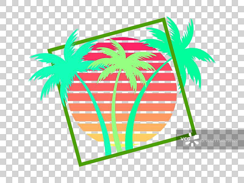 日落时的棕榈树，80年代风格的复古太阳图片素材