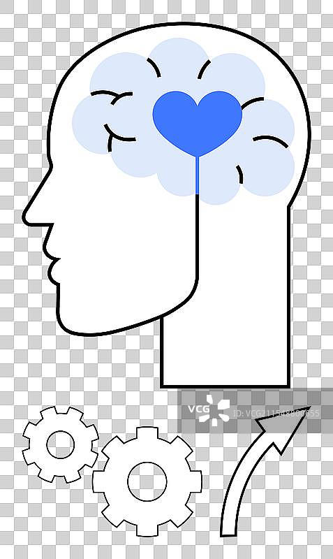人头侧面轮廓，脑部齿轮中有蓝色心形图案图片素材