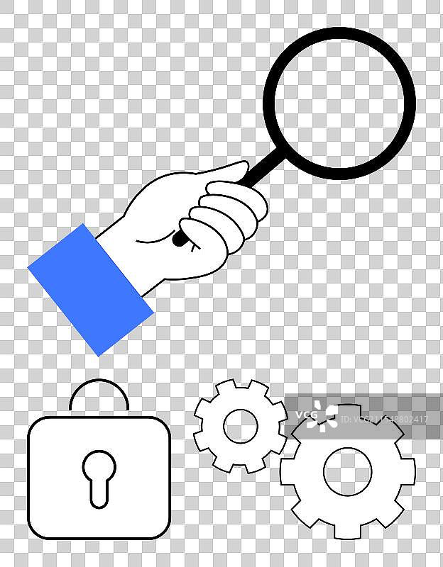 手握放大镜，旁边有锁和齿轮图片素材