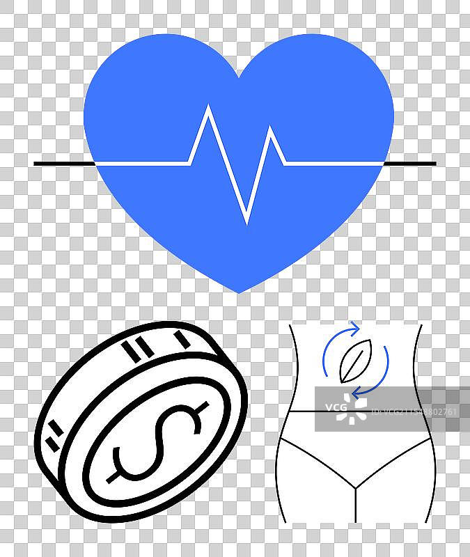 带有心跳线的蓝色心形图案和美元硬币图片素材