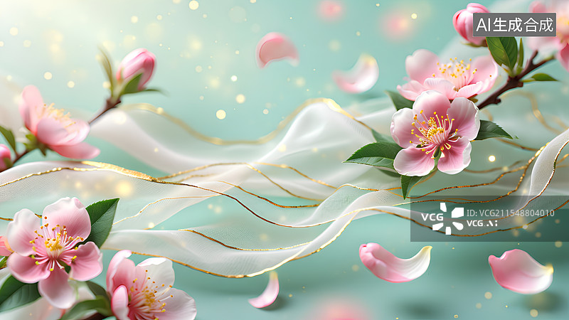 【AI数字艺术】3D渲染，中国风桃花背景图，壁纸，春天飞舞的花瓣和丝绸图片素材