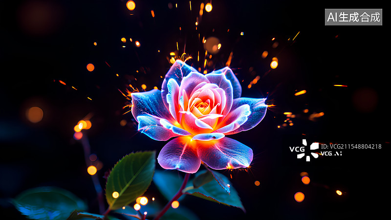【AI数字艺术】黑色背景上一朵燃烧的花朵，玫瑰花，火花，特写图片素材