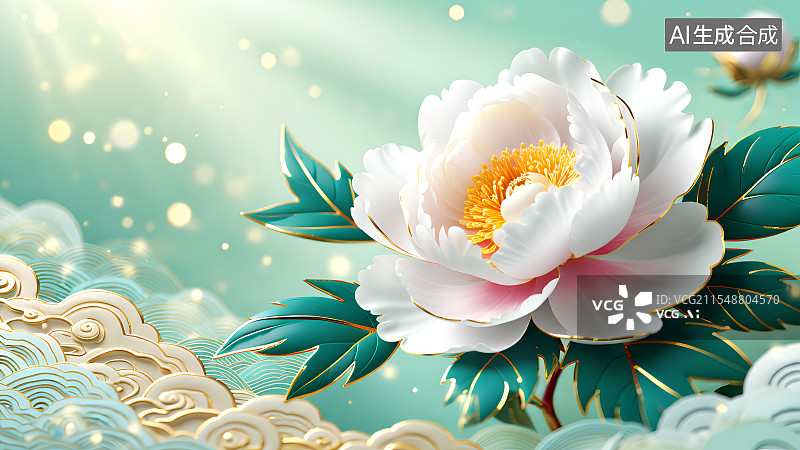 【AI数字艺术】3D渲染，清新绿色中国风背景上的金色牡丹，烫金图案，鎏金牡丹，牡丹花背景图，庆典壁纸图片素材