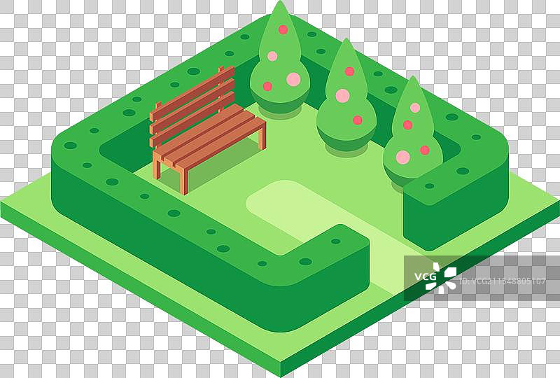 绿树成荫的公园，木制长椅和绿篱环绕其中图片素材